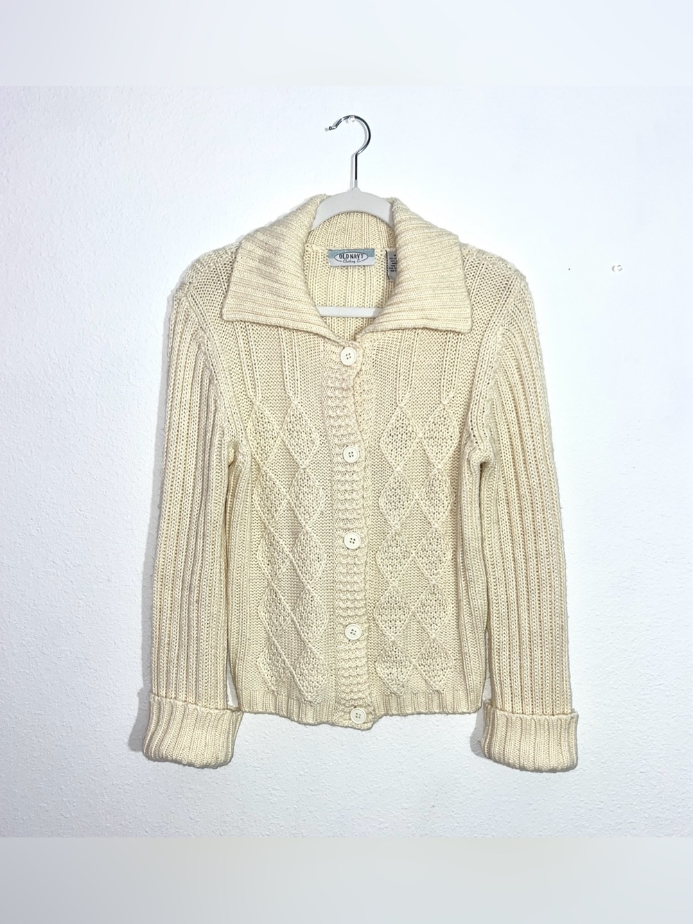 Vintage Old Navy Cream Cable Knit Button Up Cardigan Sweater Large